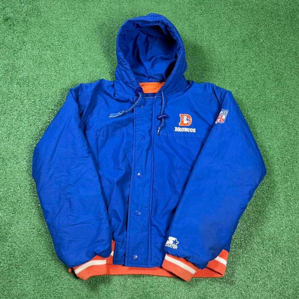 Vintage 90s Denver Broncos Starter Jacket Blue Hooded NFL Womens S Old Logo